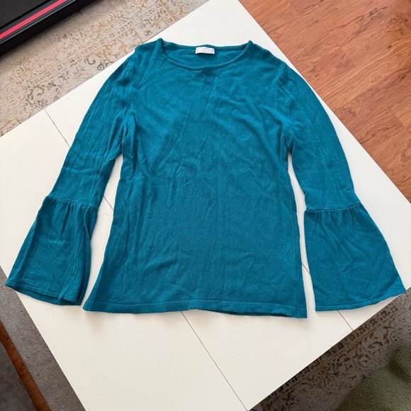 Hekla & Co. Italy Cashmere Wool Teal Bell Sleeve Ribbed Knit Sweater Luxury Chic - Picture 2 of 6